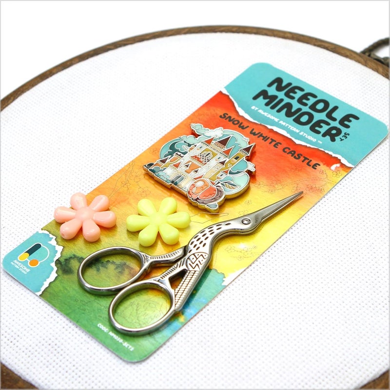 Awesome Pattern Studio Needle Minder Set - Snow White Castle Magnetic Needle Minder + 2 Needle Threaders + Crane Scissors. Enamel Pin for Cross Stitch, Embroidery and Craft - Image 3